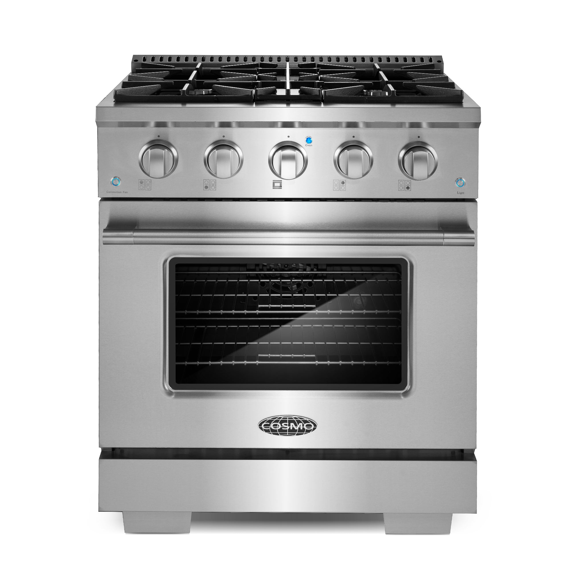 Stainless steel professional gas range with five burner grates and glass oven door
