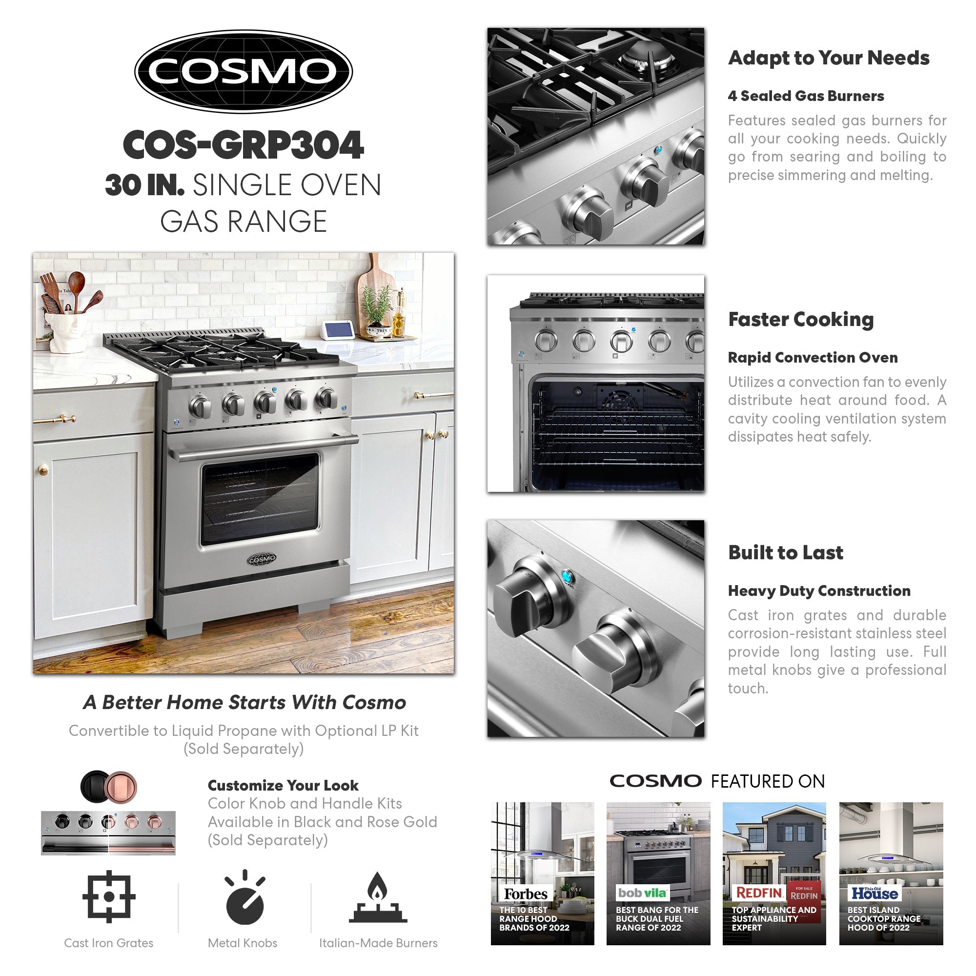 Cosmo gas range features brochure with burners, knobs, and oven door shown
