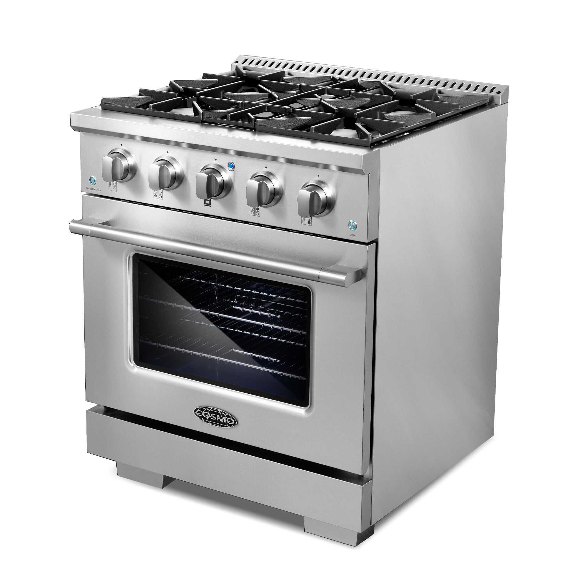 Stainless steel gas range with five burners and oven door with viewing window