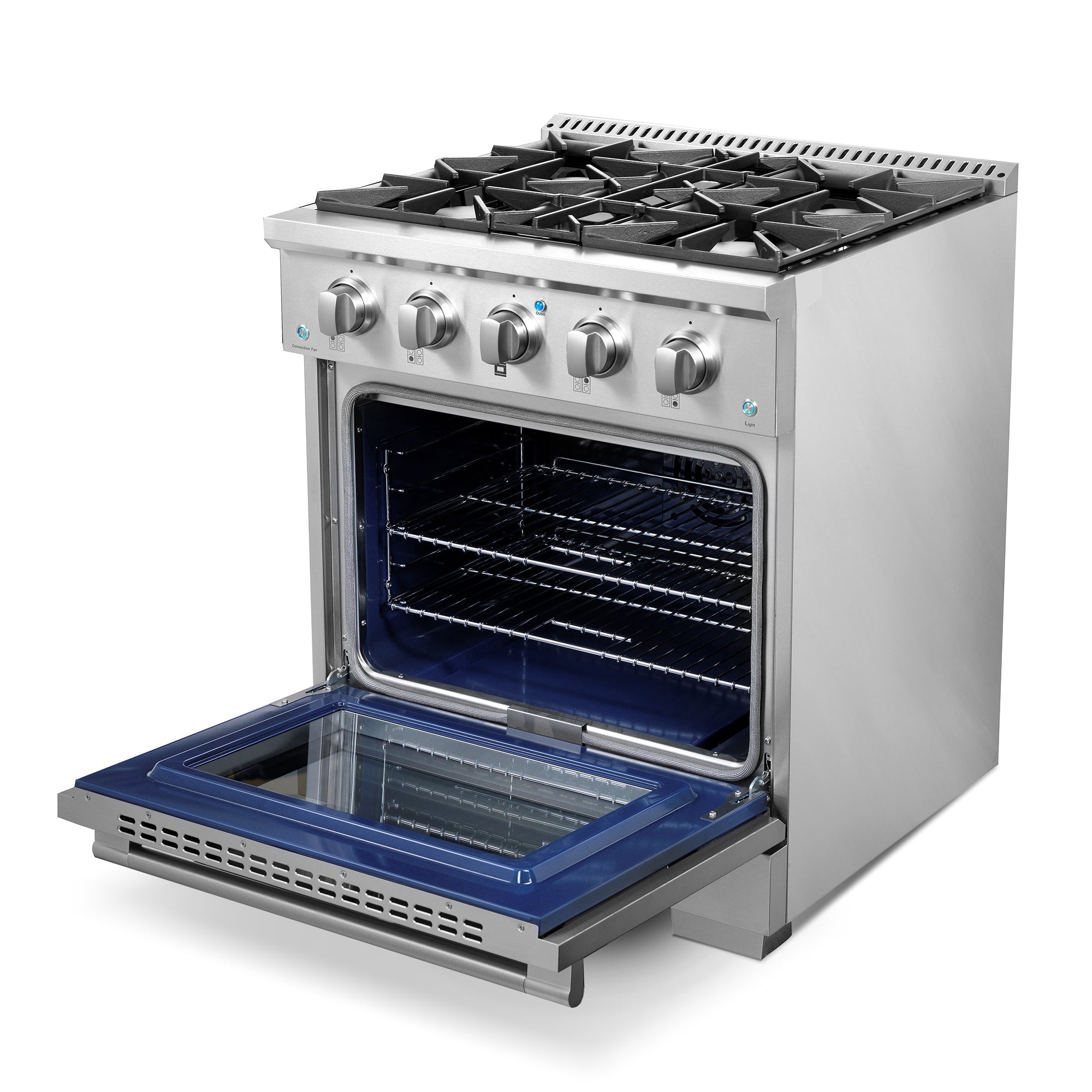 Stainless steel gas range with oven door open and visible racks