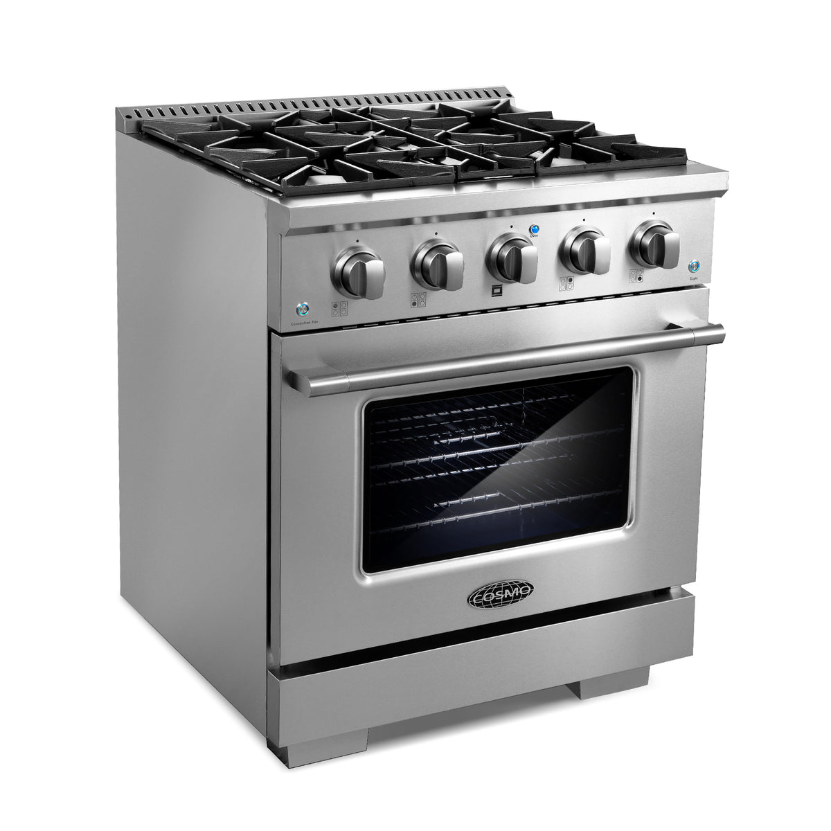 Stainless steel gas range with five burner grates and oven window