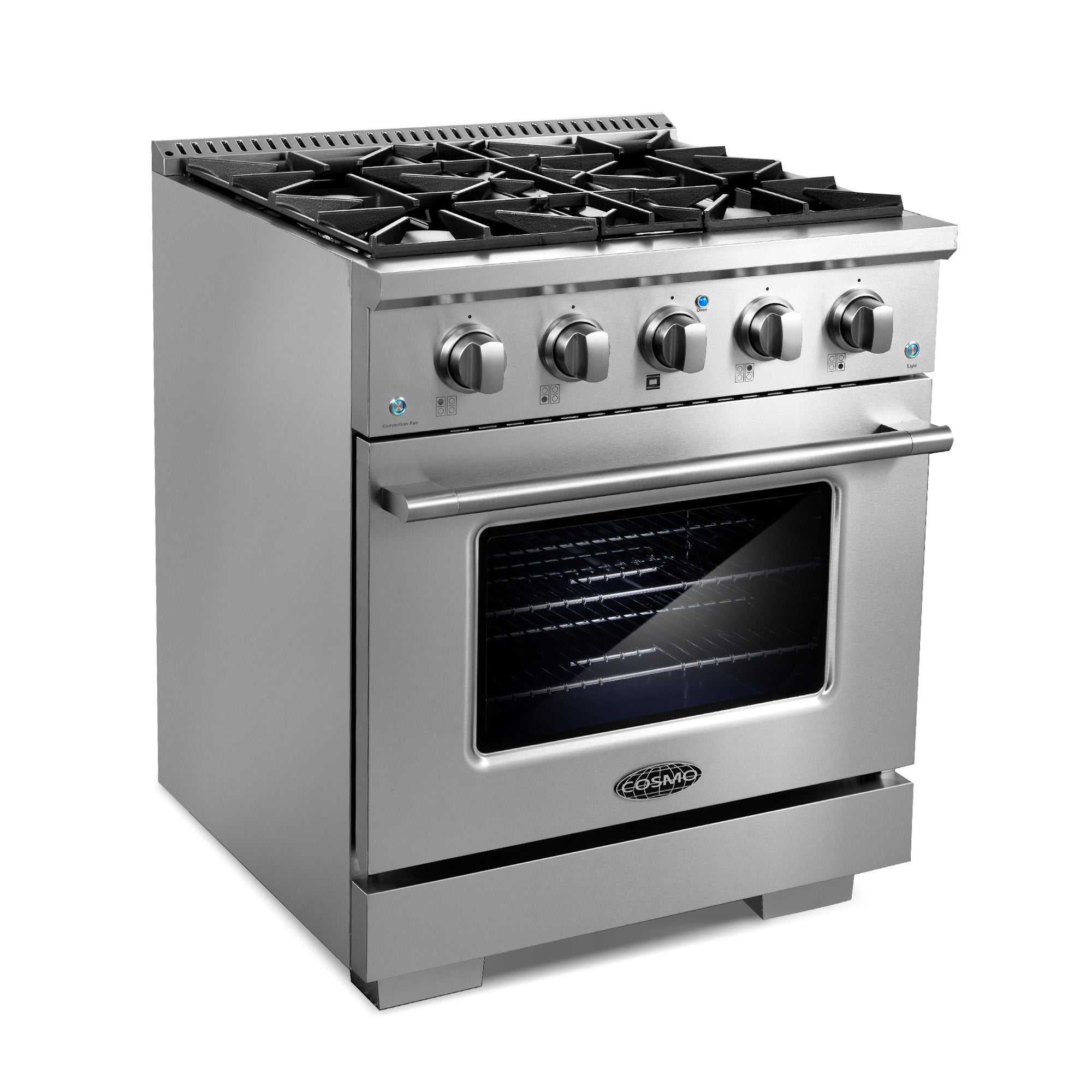 Stainless steel freestanding gas range with burners and front oven window