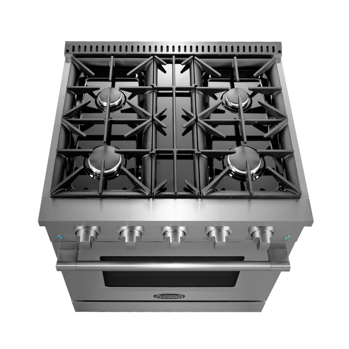 Top view of stainless steel gas range burners with black cast-iron grate