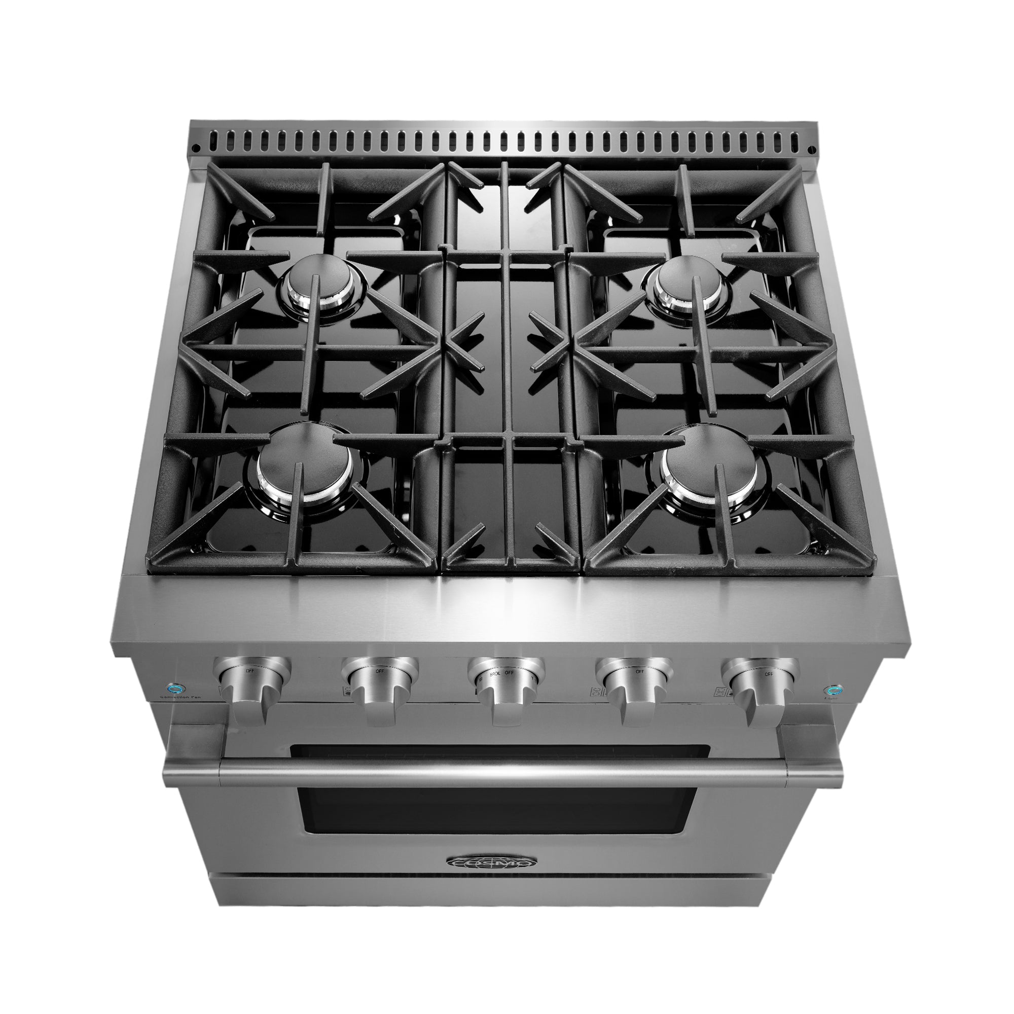 Stainless steel gas range cooktop with five burners and black burner grates