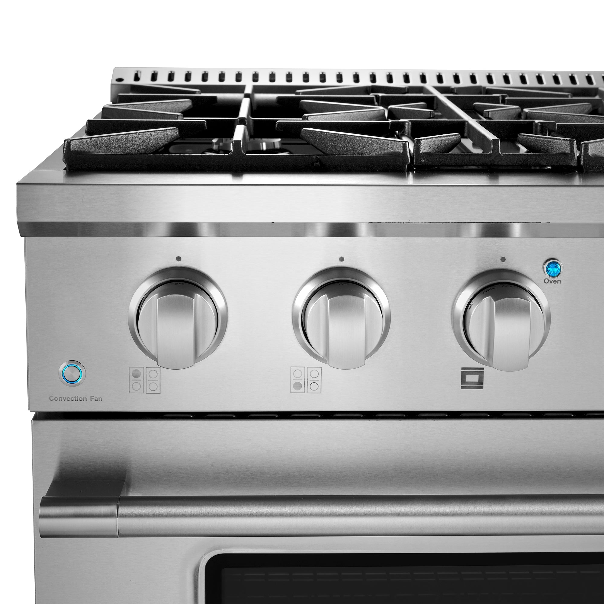 Stainless steel gas range control panel with three knobs and burner grate openings