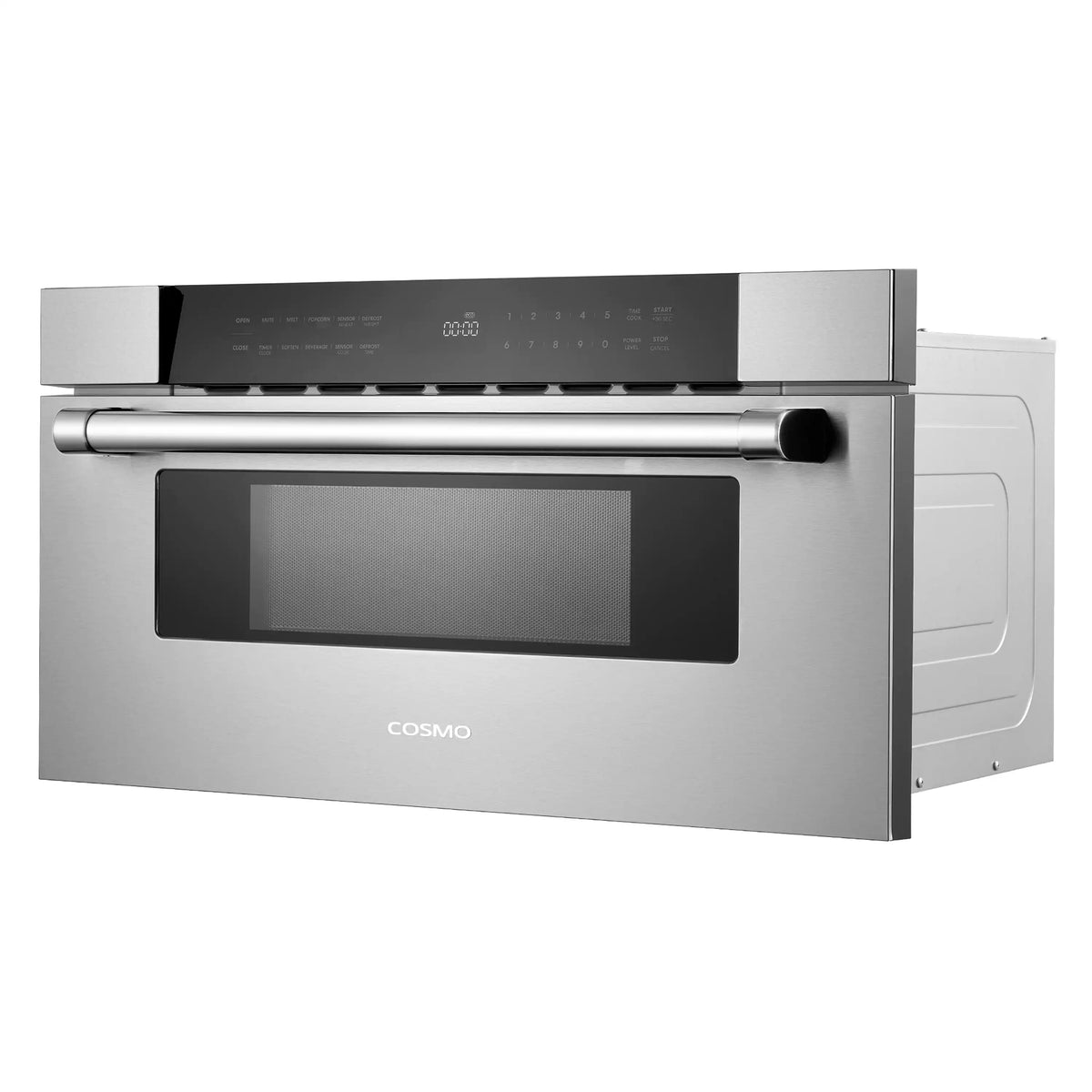 Stainless steel microwave drawer with black glass front, control strip, and centered logo