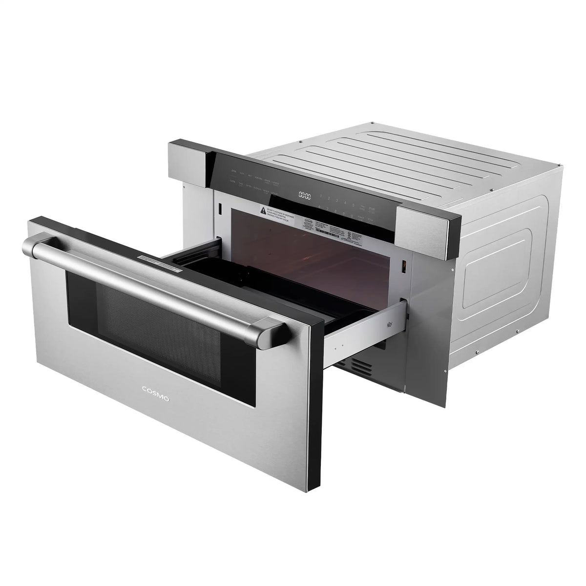 Stainless steel microwave drawer with open door and front pull handle