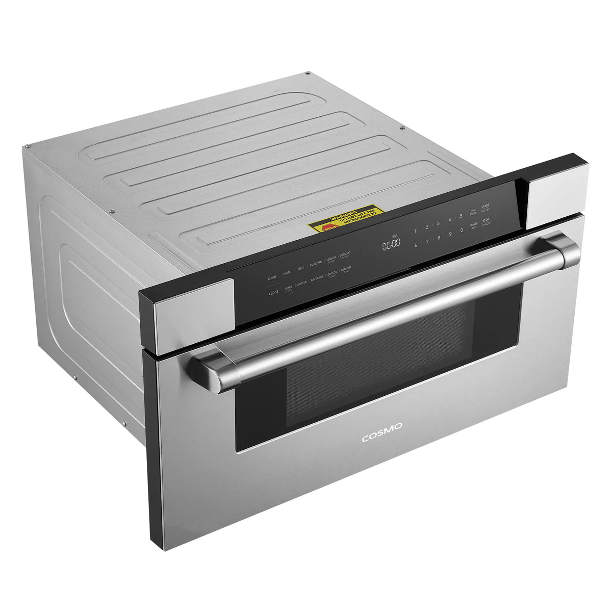 Stainless steel built-in microwave drawer with black control panel and side pull handle