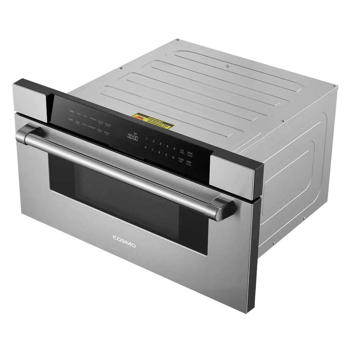 Stainless steel built-in microwave drawer with black display panel and long pull handle