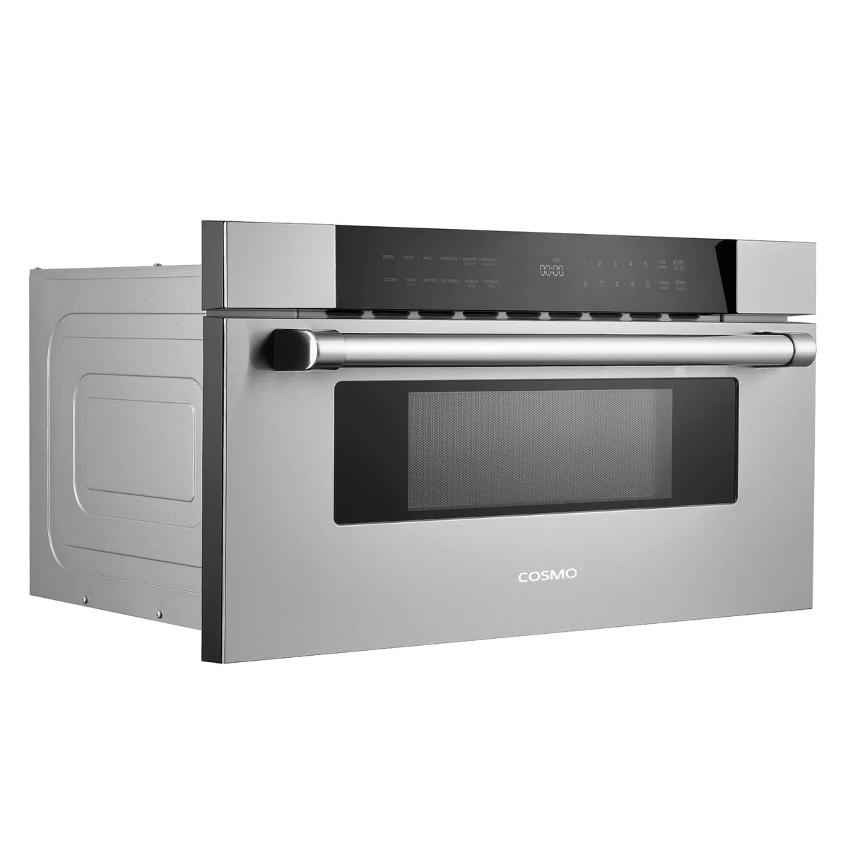 Stainless steel microwave drawer with front window, black control strip, and horizontal handle
