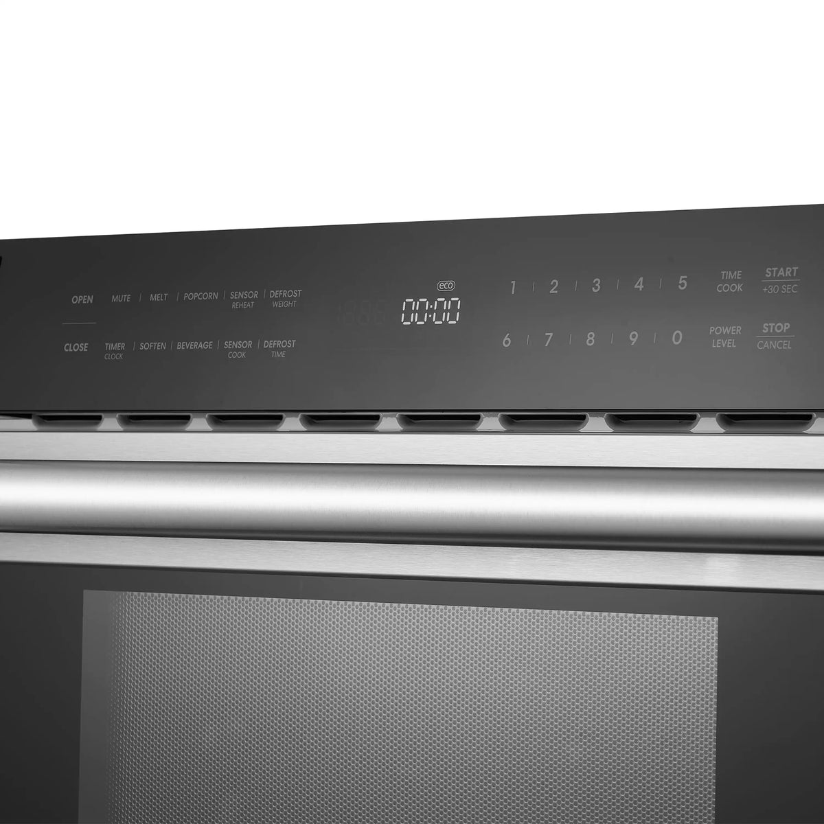 Microwave drawer control panel close-up with button labels and stainless handle bar
