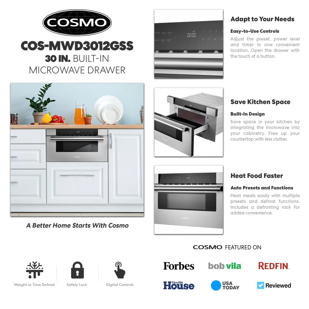 Cosmo COS-MWD3012GSS microwave drawer product brochure with feature panels