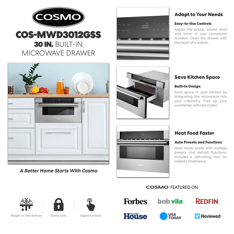 Cosmo 30-Inch Built-In Microwave Drawer in Stainless Steel (COS-MWD3012GSS)