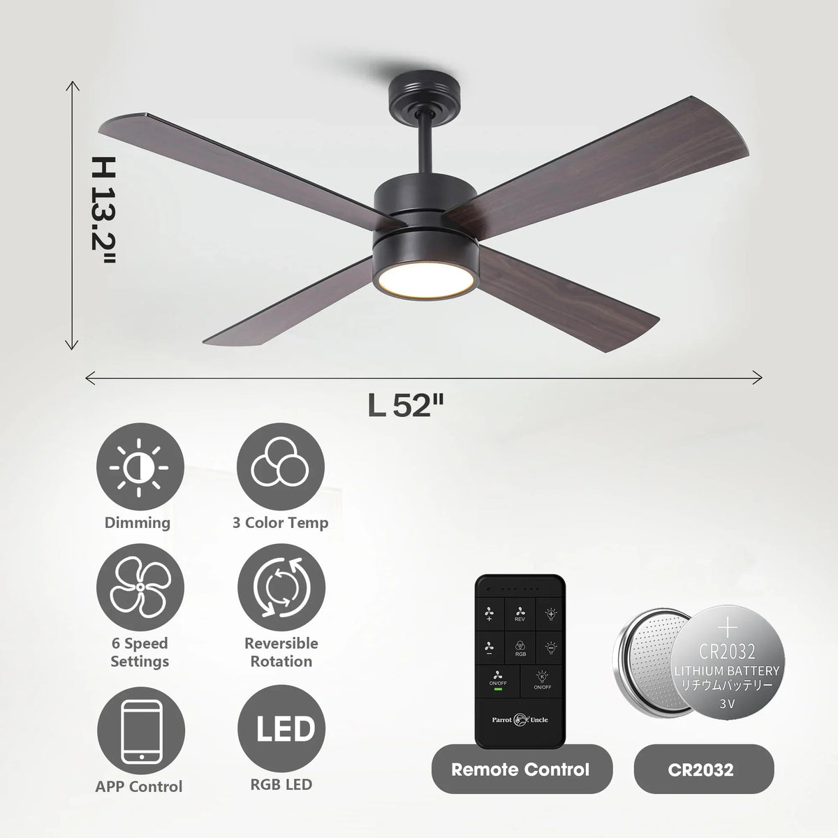 52-inch industrial LED ceiling fan with black body and four dark wooden blades