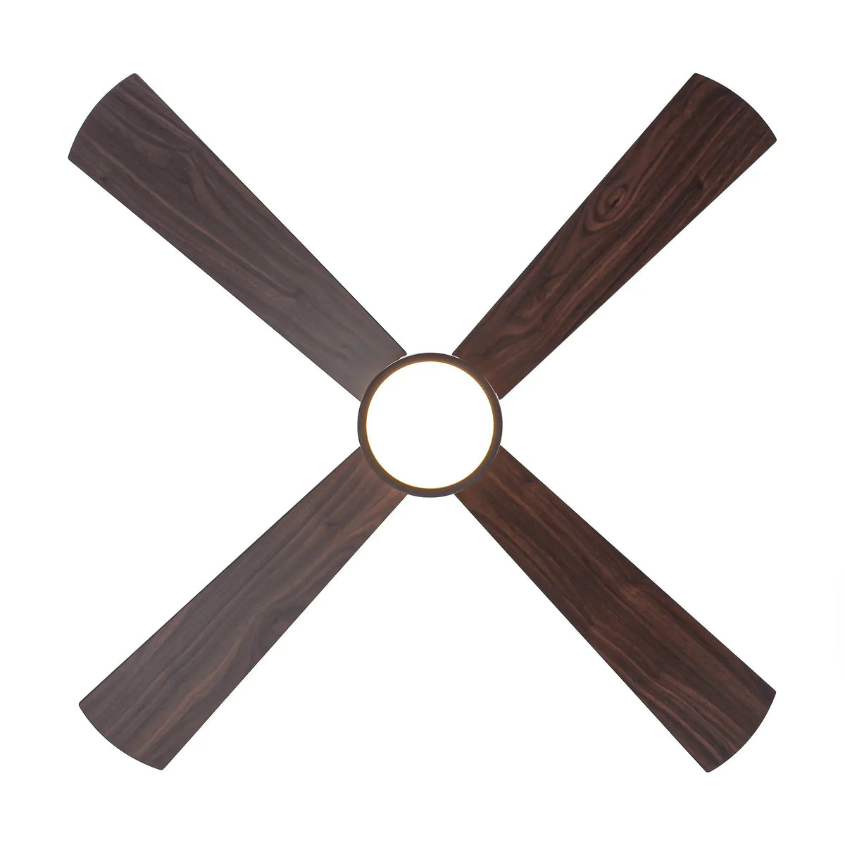 Dark wood ceiling fan with five blades and central circular frosted LED light