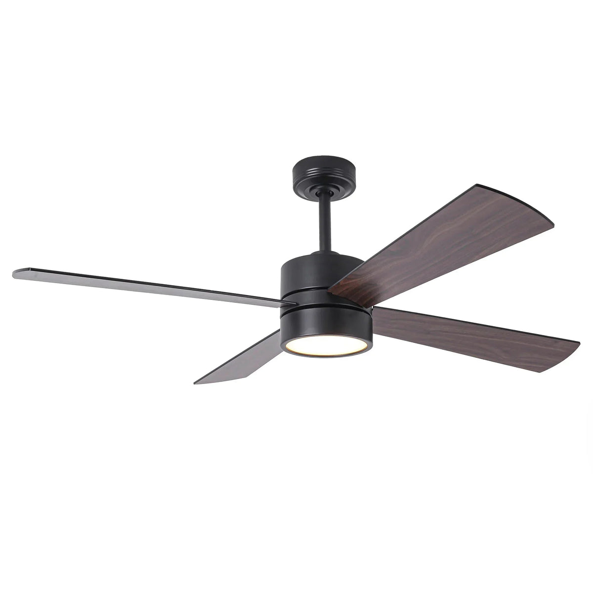 Black ceiling fan with five dark wood-look blades and round frosted LED light