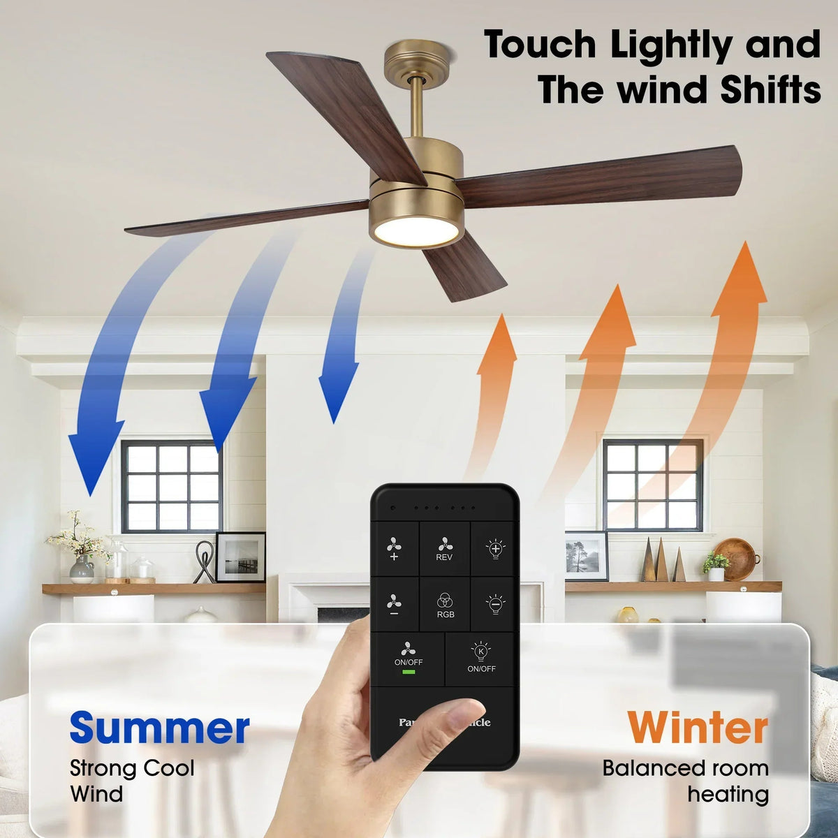 Gold 52-inch LED ceiling fan with dark blades and remote control for light settings