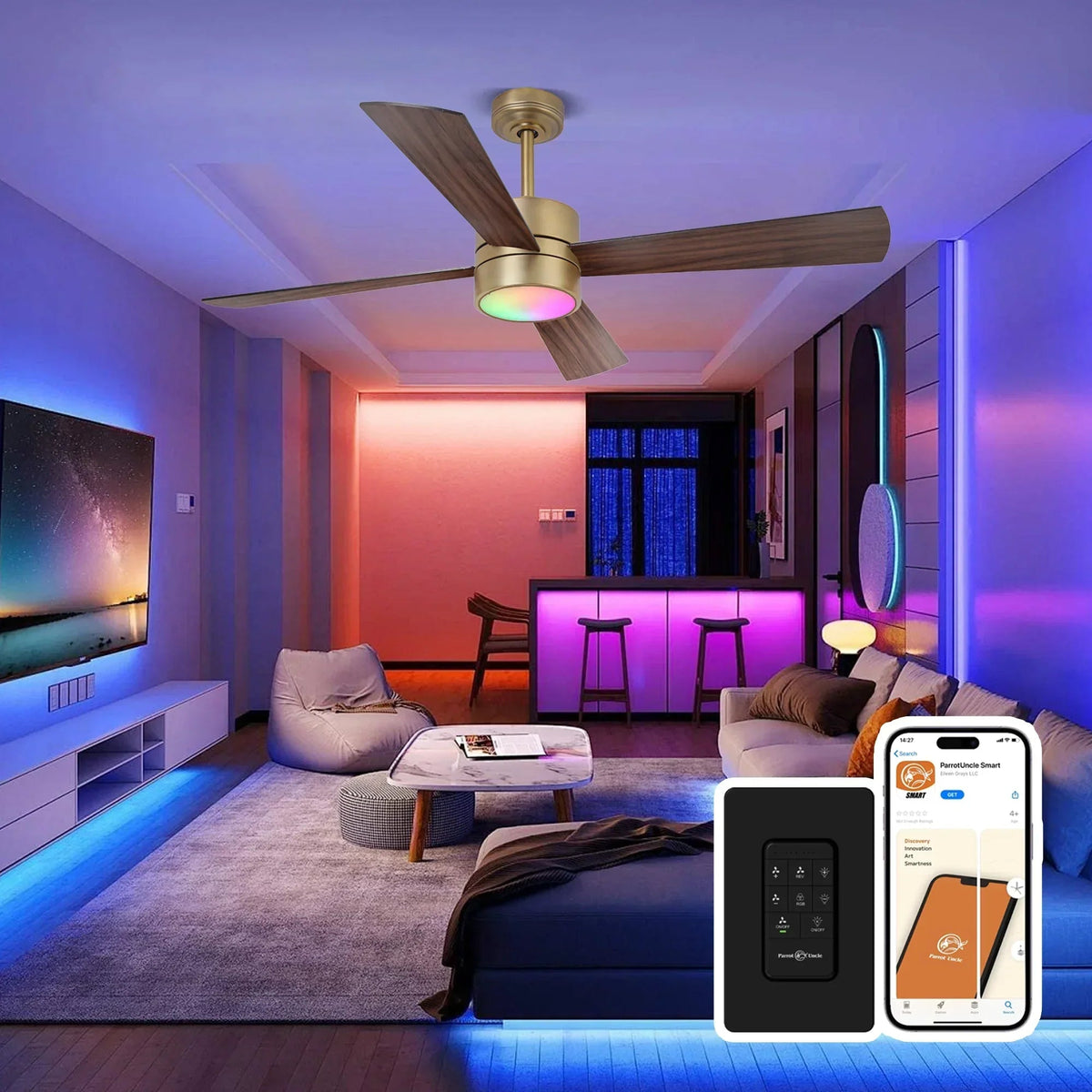 52-inch industrial LED ceiling fan with gold housing and dark blades, RGB glow
