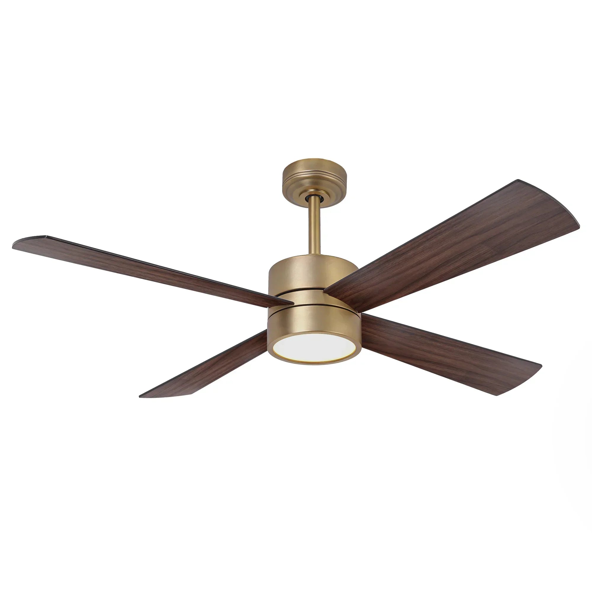 Golden ceiling fan with five wood-look blades and circular frosted LED light