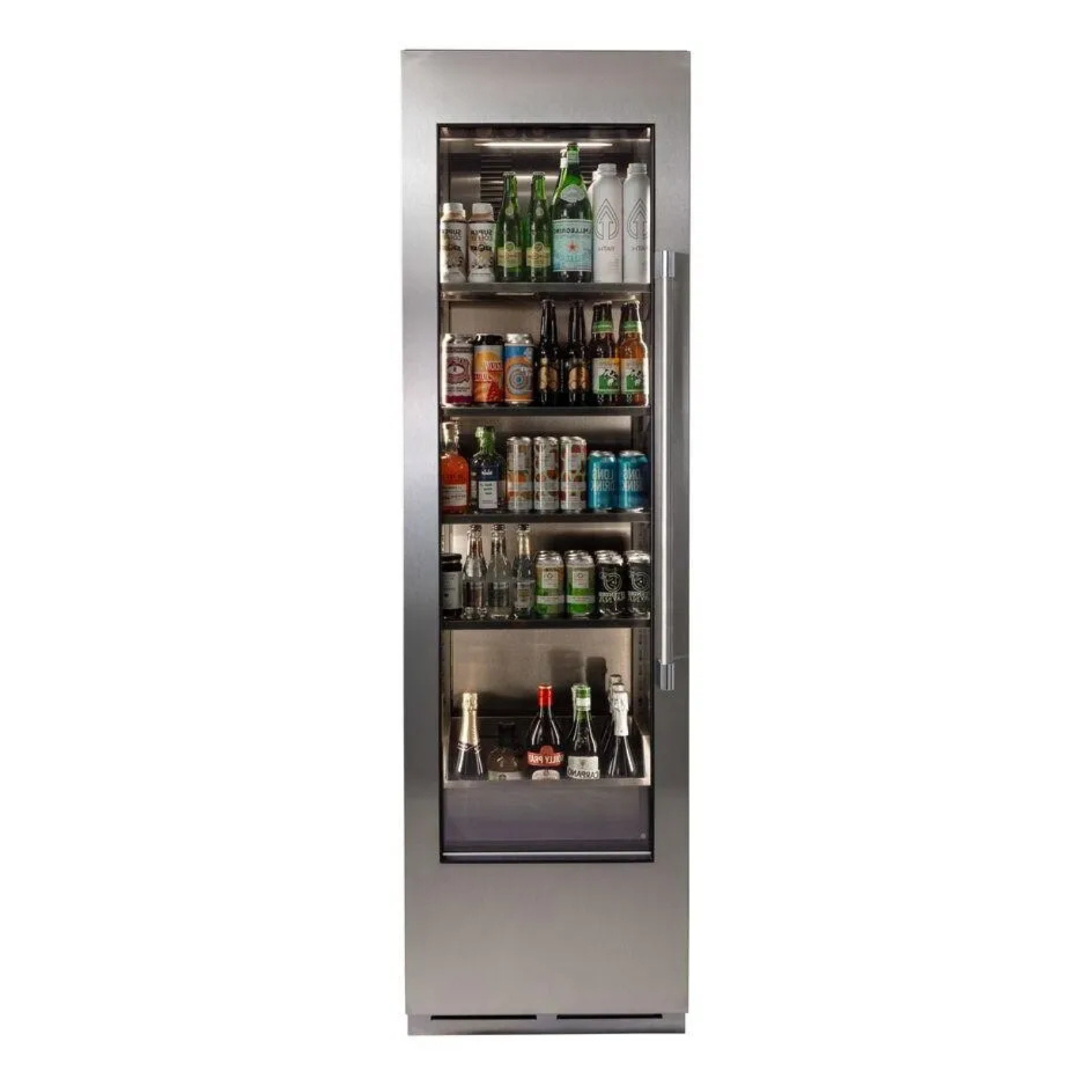 Stainless steel beverage center with glass door and interior shelves stocked with bottles