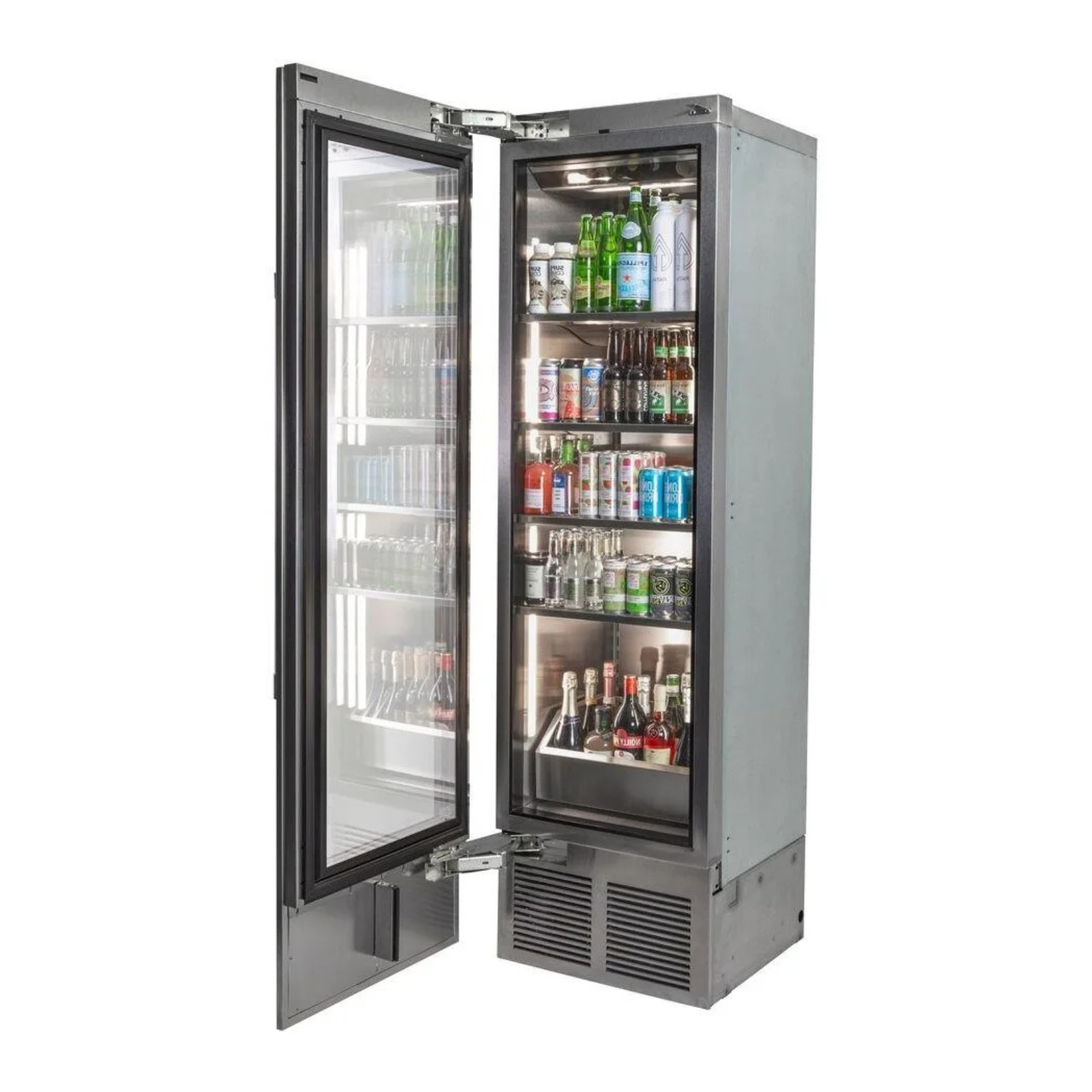 Stainless beverage center with open left-hinged door and glass front, bottle-filled shelves