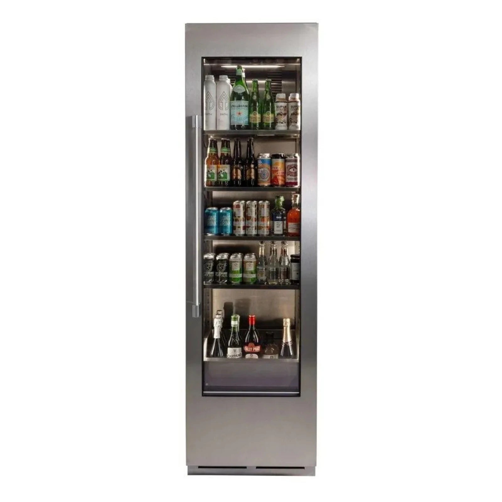 Stainless steel single-zone beverage center with glass door and interior shelves