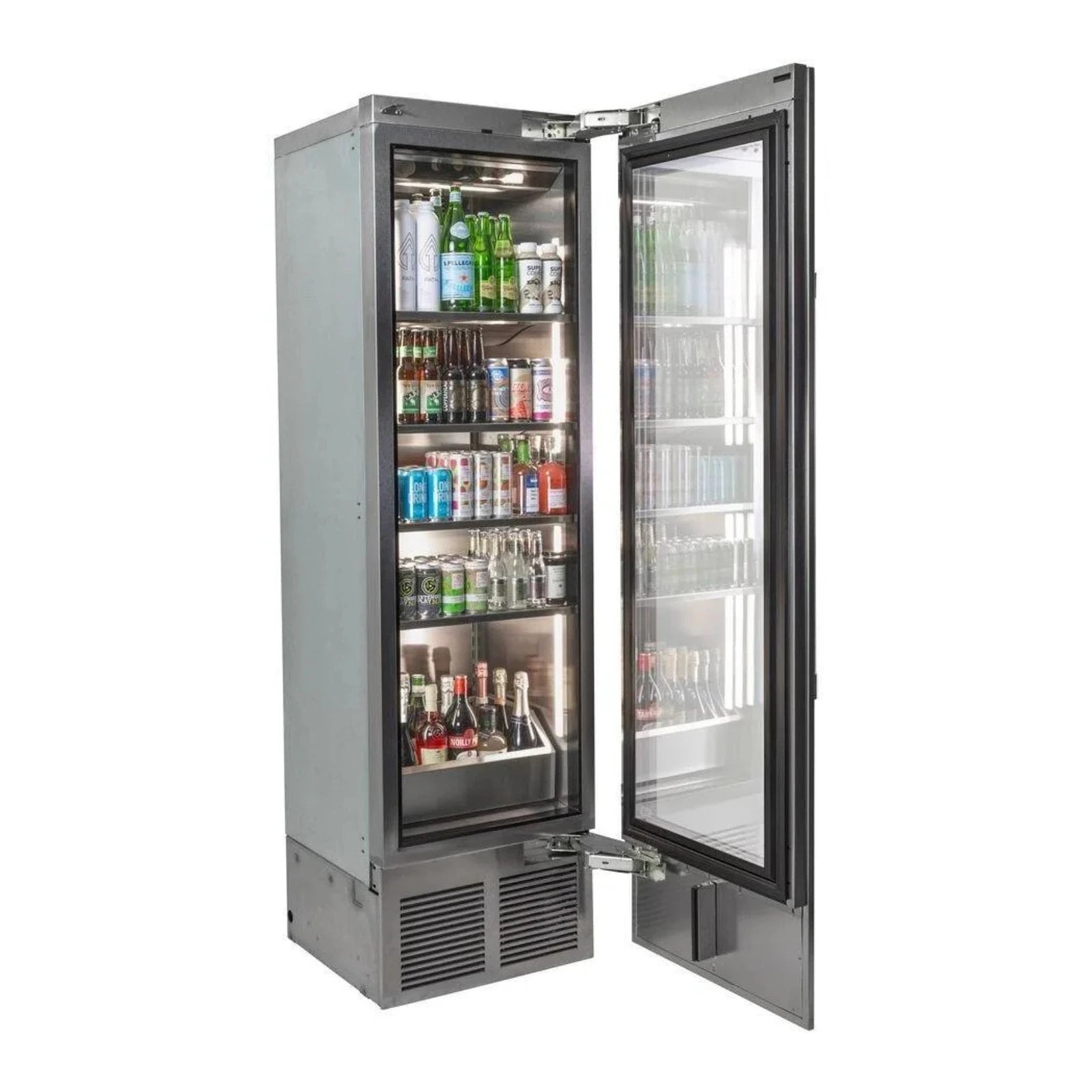 Stainless steel beverage center with open glass door showing lit shelves and bottles