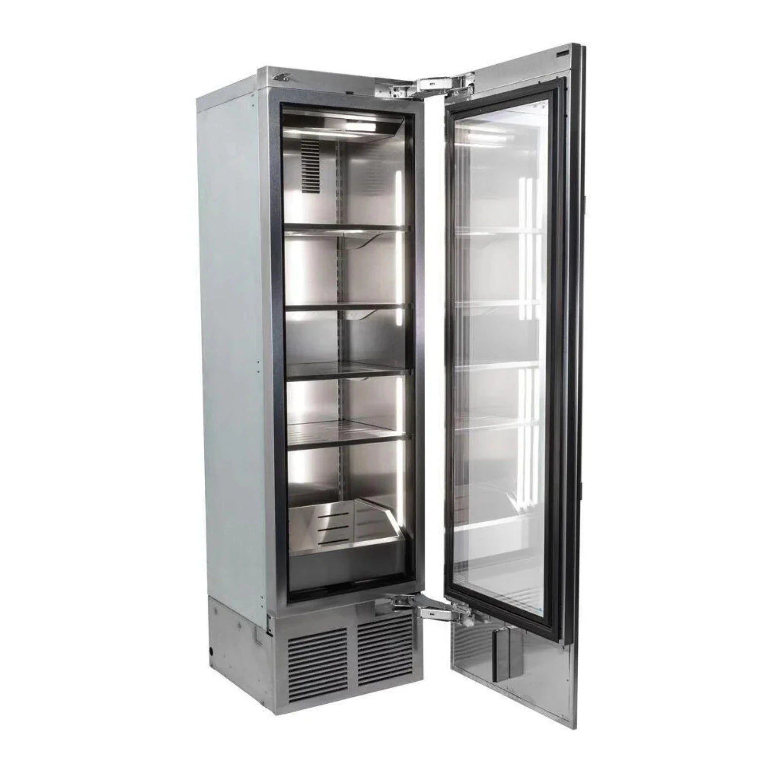 Stainless steel beverage center with open glass door and empty interior shelves