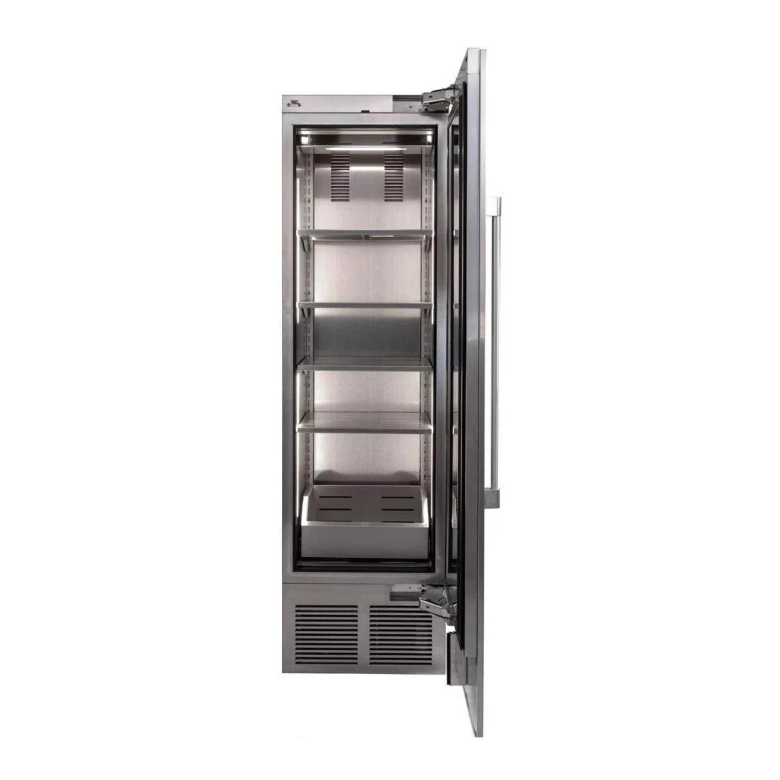 Stainless steel beverage center open with interior shelves and right-hinged door