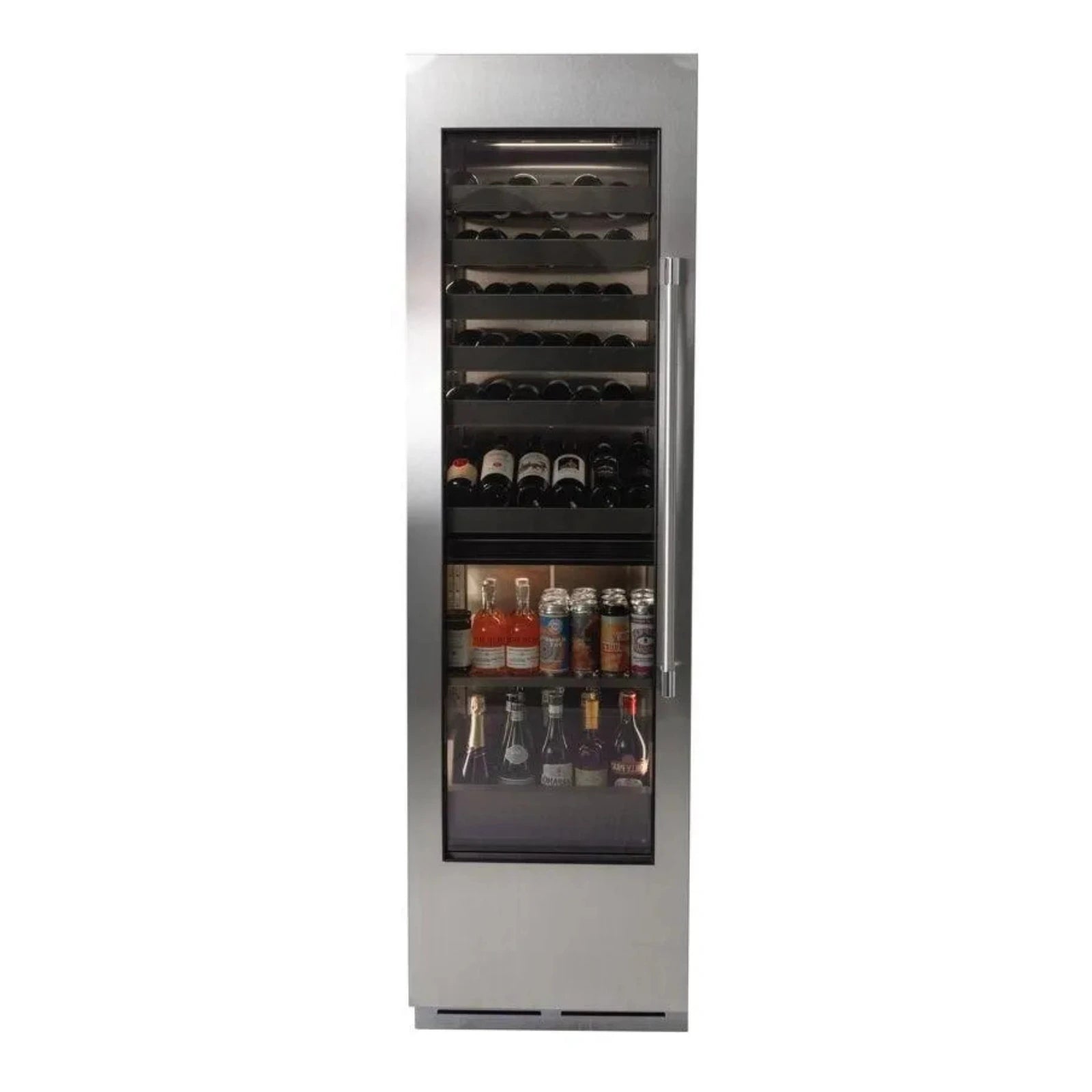 Stainless steel dual-zone beverage center with glass door, bottles and cans on shelves