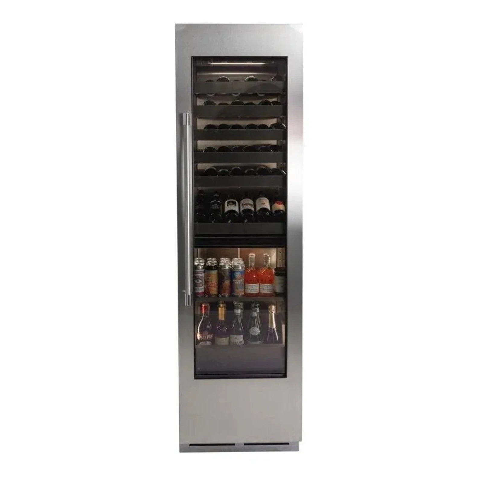 Stainless steel dual-zone beverage center with vertical glass door and stocked interior shelves