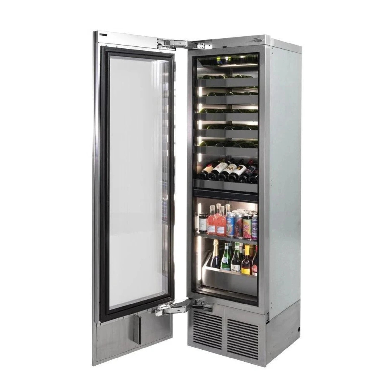 Stainless steel dual-zone beverage center with open glass door and lit shelves