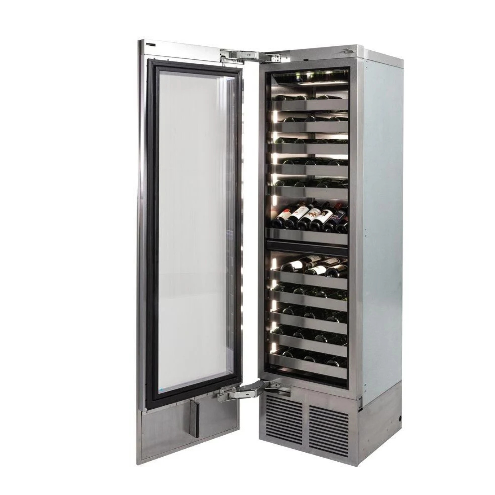 Stainless steel wine cooler with open left-hinged door and illuminated bottle shelves