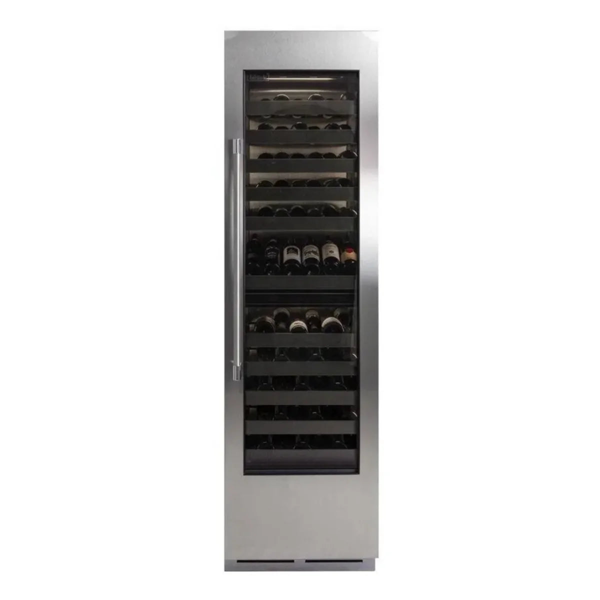 Stainless built-in wine cooler with vertical glass door and stocked bottle shelves