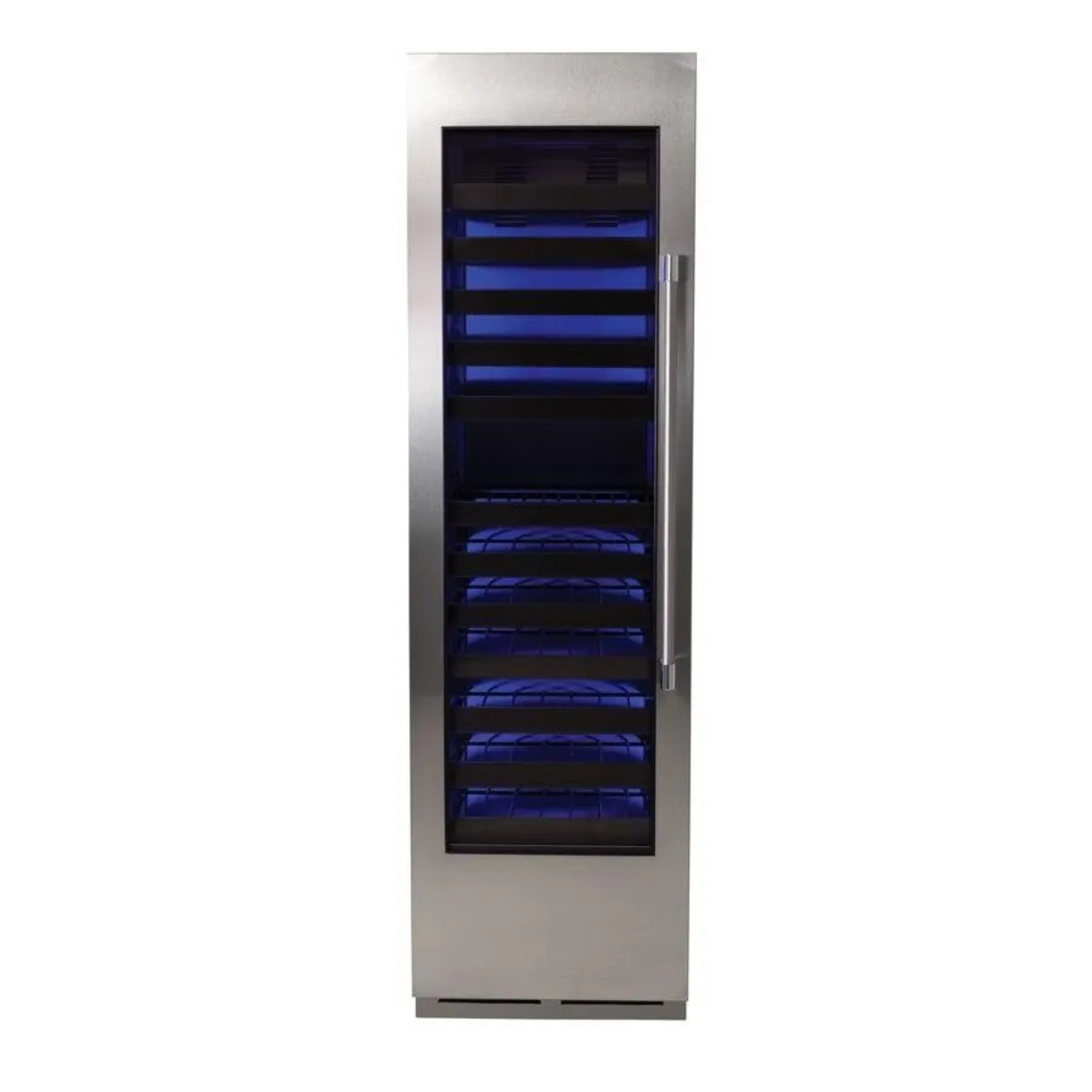 Stainless steel single-zone wine cooler with clear glass door and blue interior racks