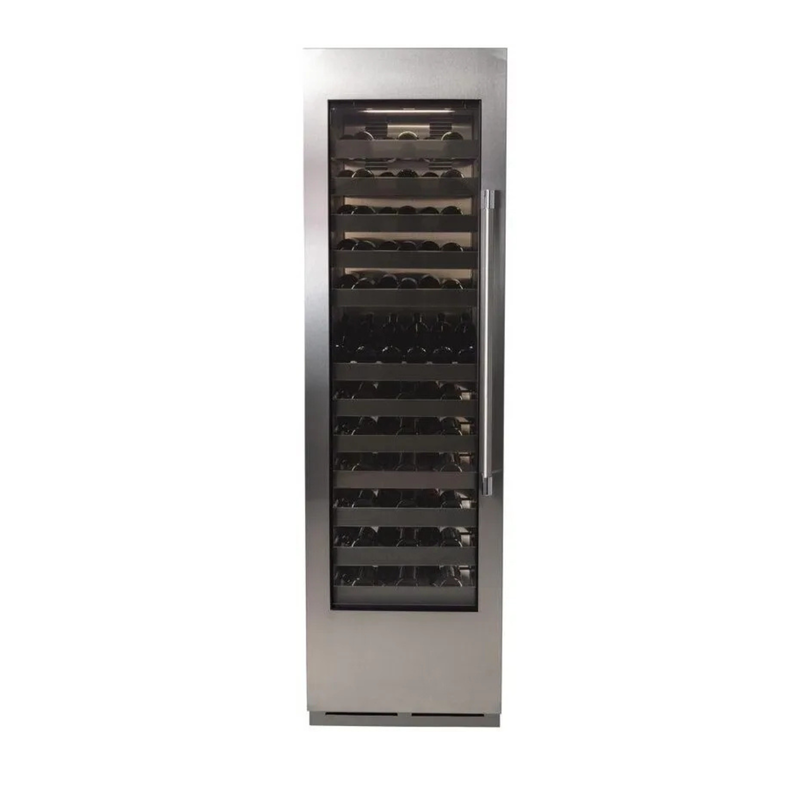 Stainless steel single-zone wine cooler with glass door and wine bottle storage racks