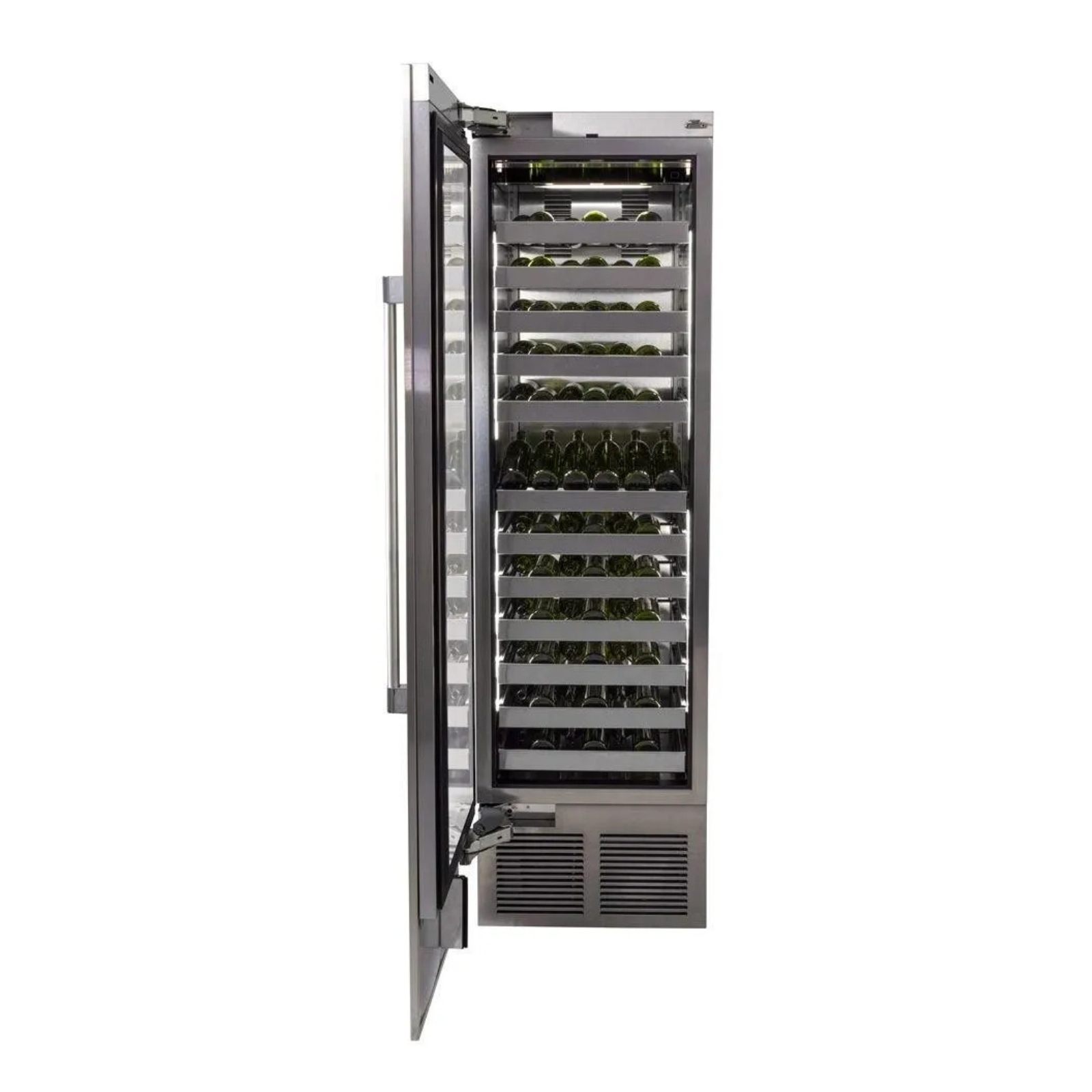 Stainless steel wine cooler with open glass door, interior racks, and bottom vent