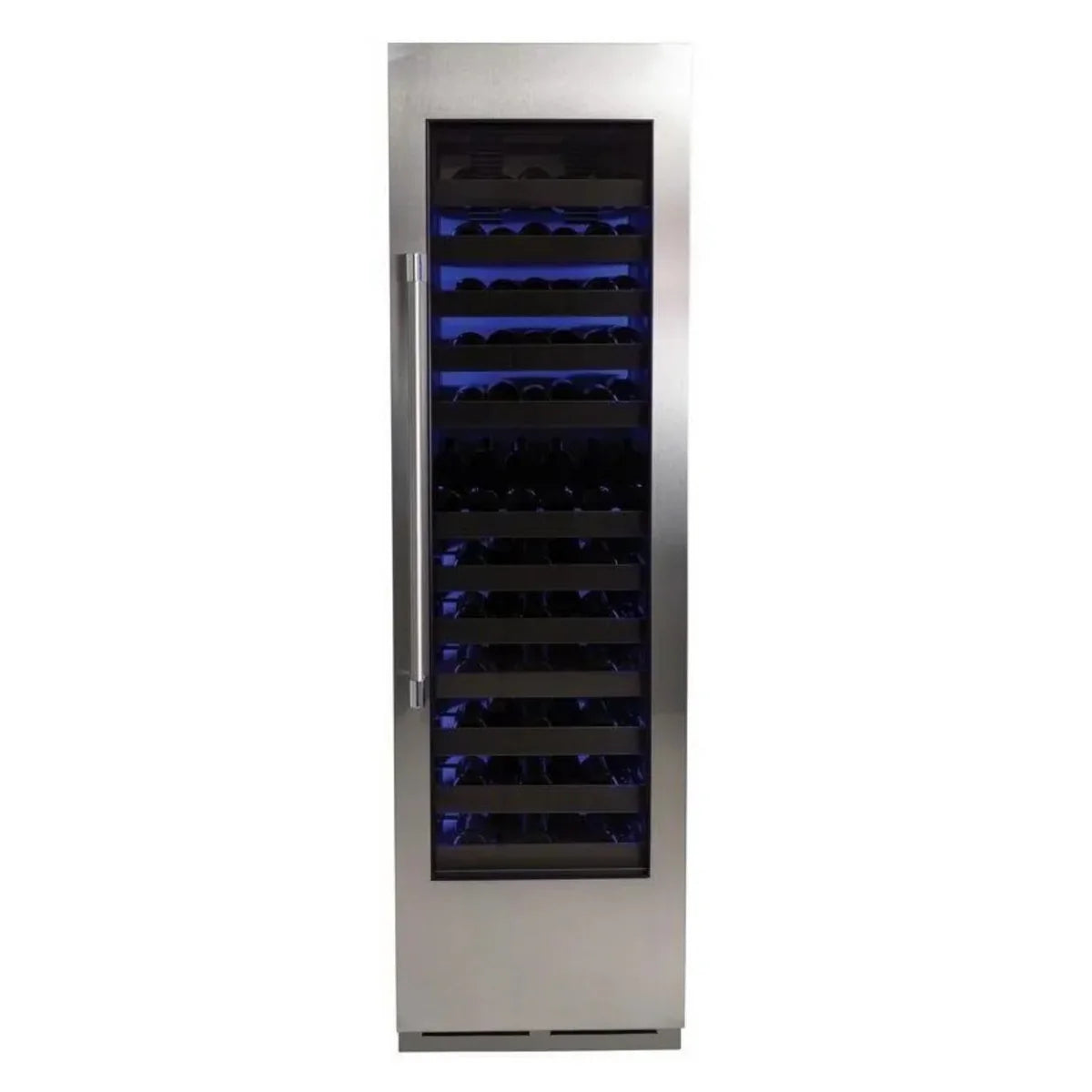 24-inch stainless steel wine cooler with lit interior and bottle storage racks