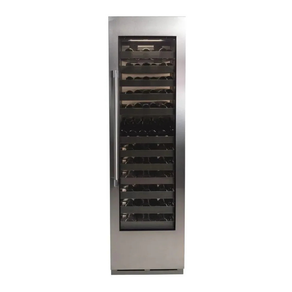 Stainless steel wine cooler with open door and bottle storage racks, visible handle