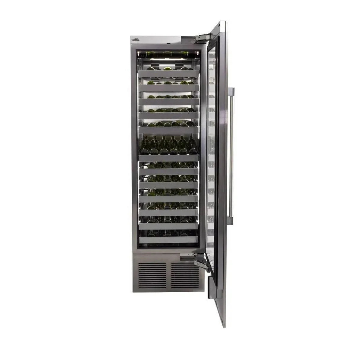 Stainless steel 24-inch wine cooler with glass door and pull-out bottle racks, right-hinged