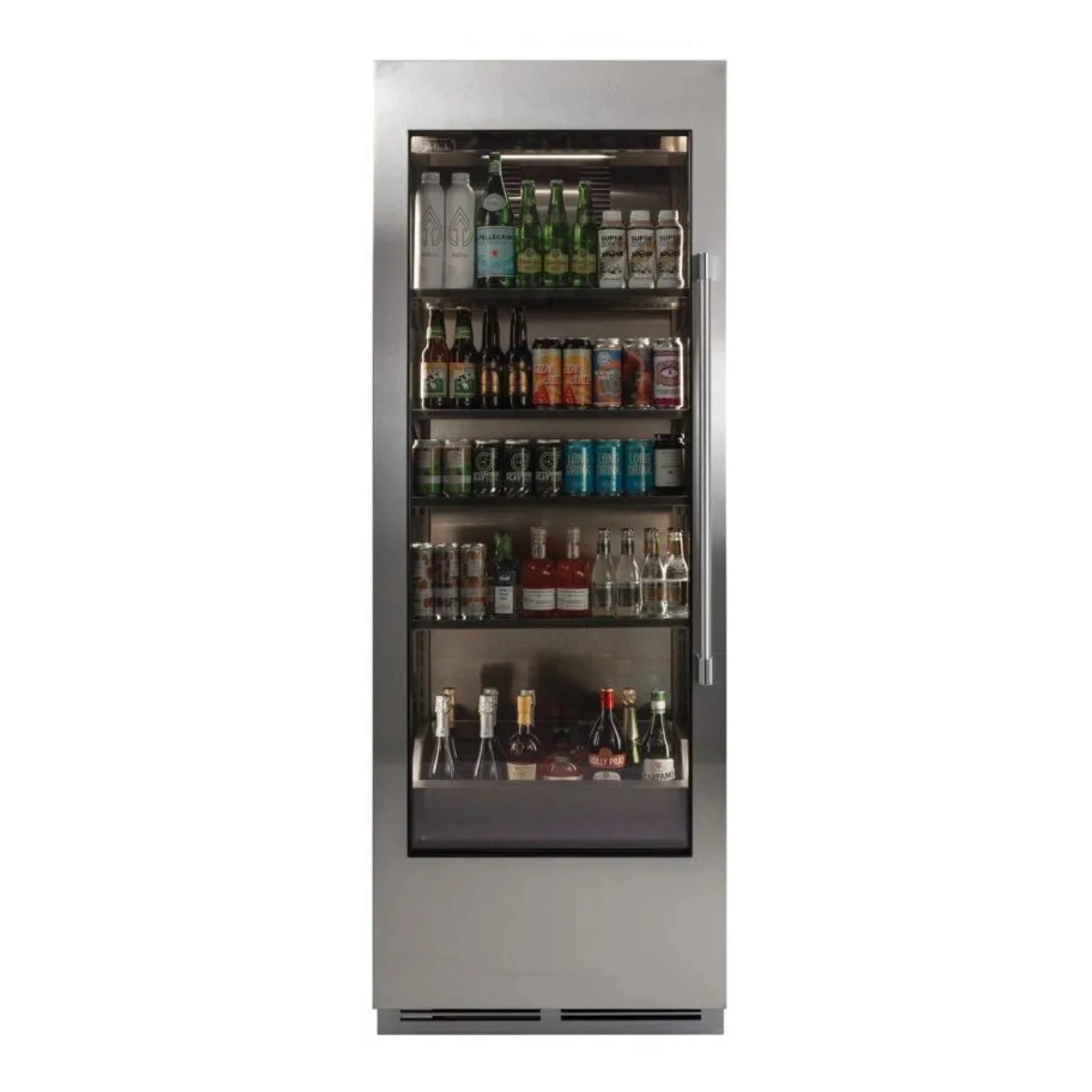 Stainless steel beverage center with clear glass front and interior shelves of drinks