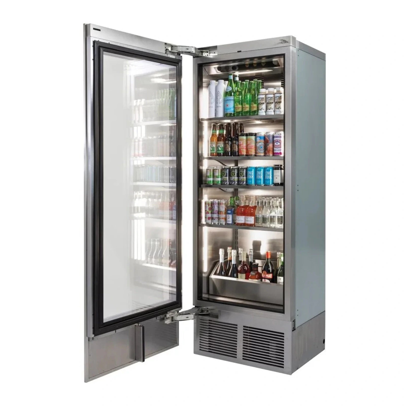Stainless steel beverage center, left-hinged open glass door, stocked shelves