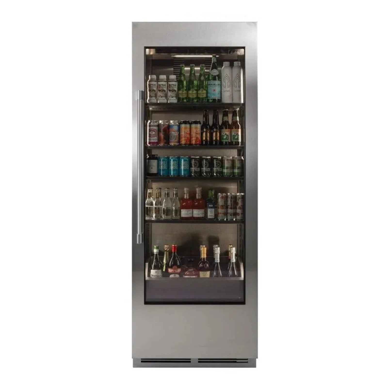 Stainless single-zone beverage center with clear glass door and interior shelves with drinks