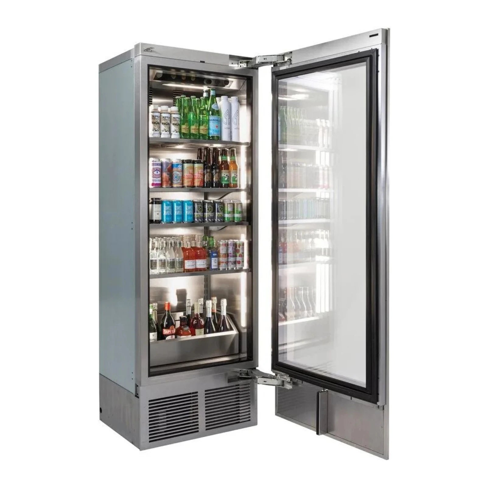 Stainless beverage center with open glass doors, stocked shelves, right hinge and toe kick
