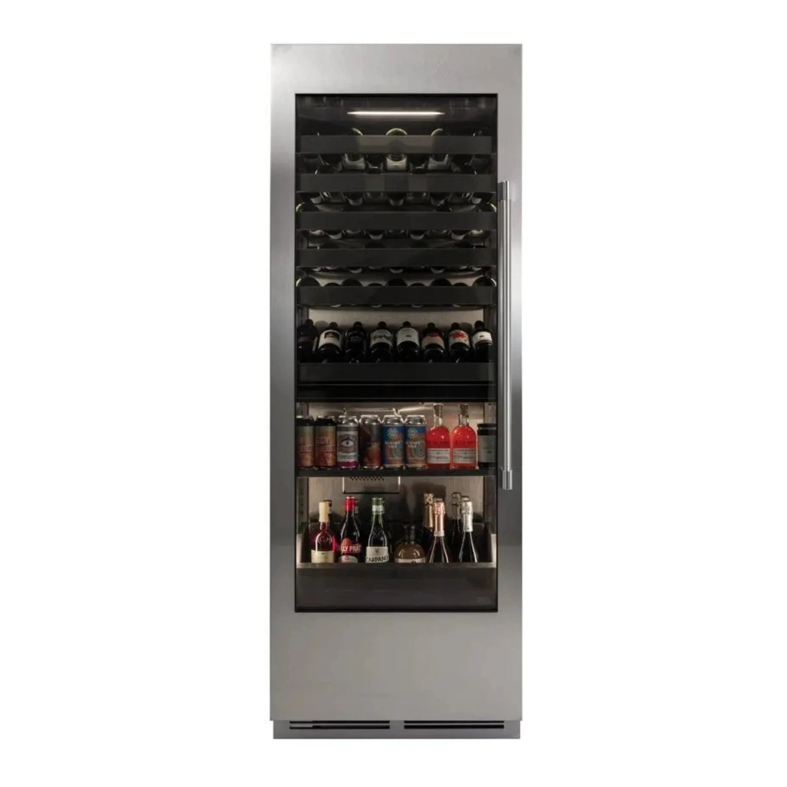 Dual-zone stainless beverage center with glass door open, bottles and cans on interior racks