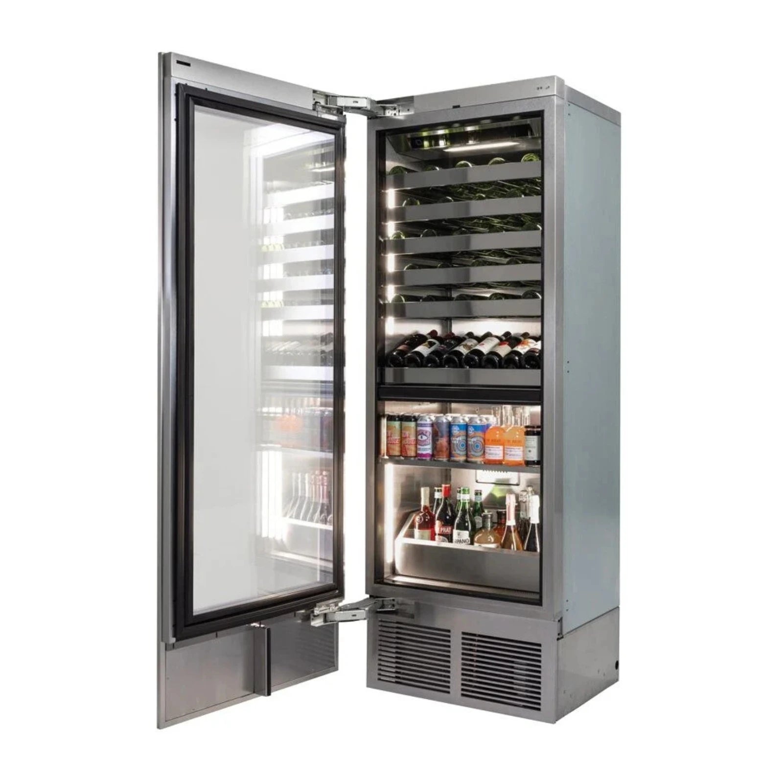 Left-hinged dual-zone stainless beverage center with open glass door and bottle shelves