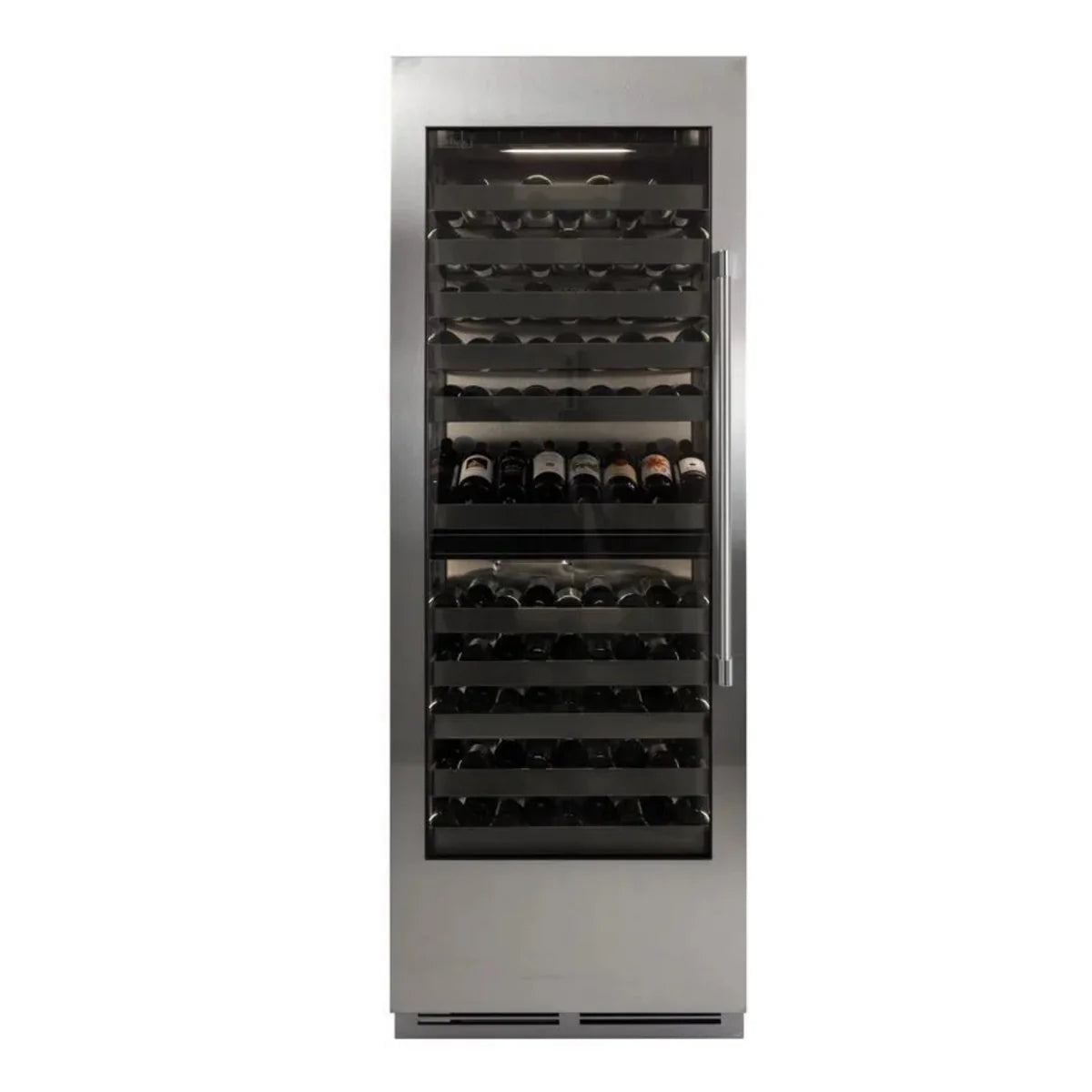 Stainless steel dual-zone wine cooler, front view with glass door and wine racks