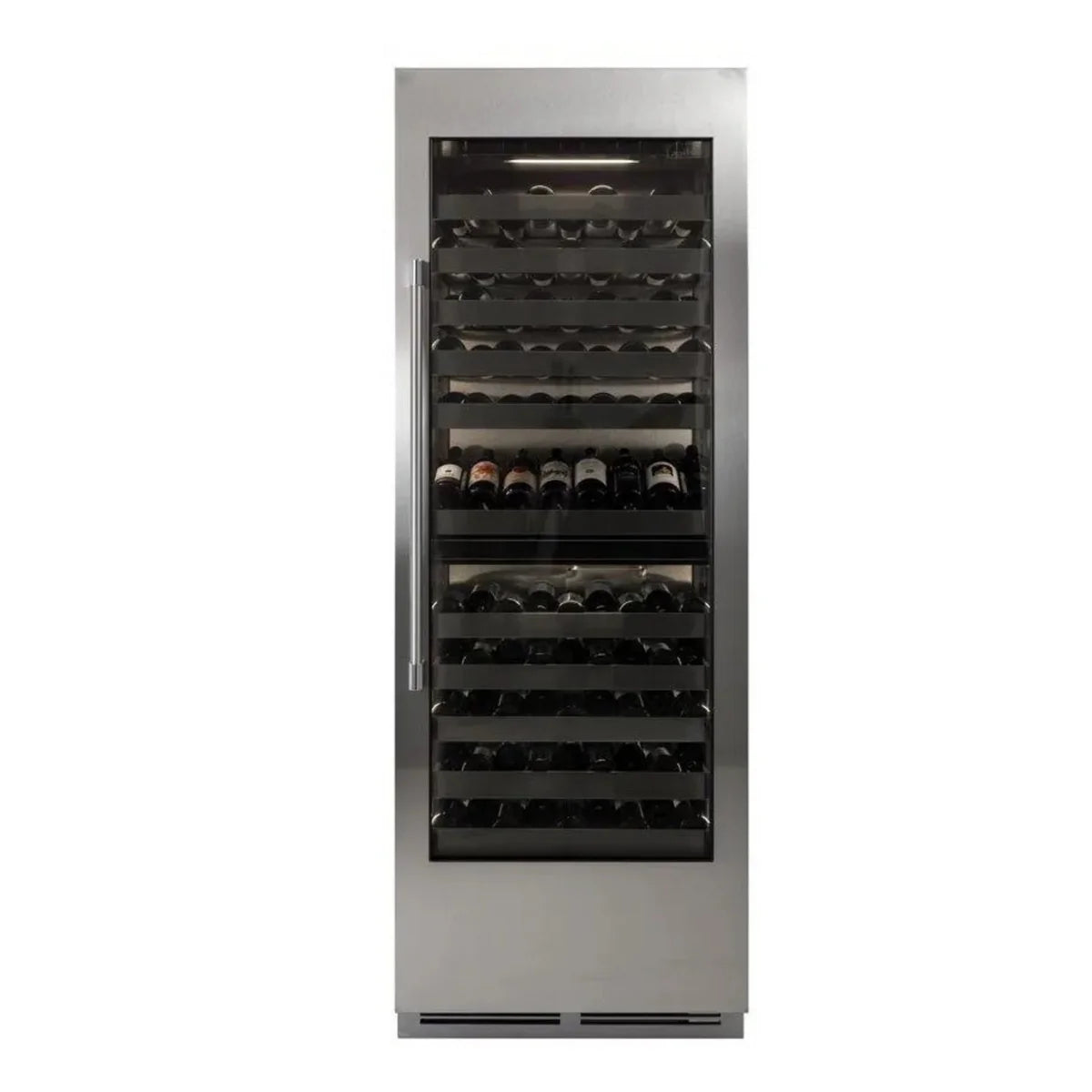 Stainless steel wine cooler with glass door showing bottle racks filled with bottles