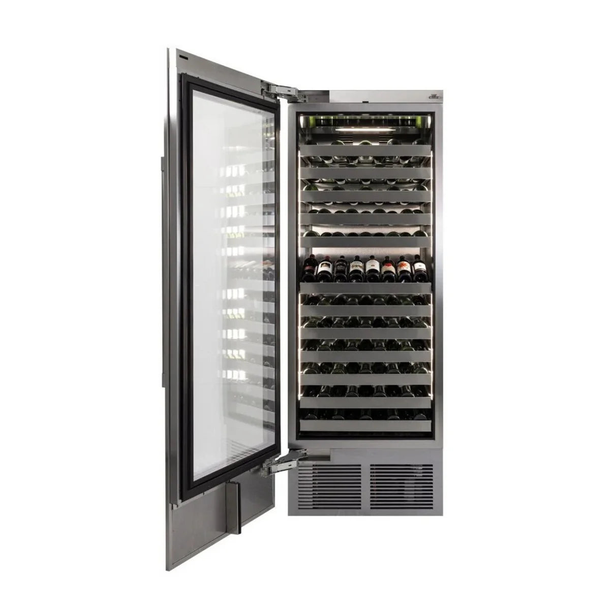 30-inch stainless wine cooler with open glass door, bottle racks, and toe-kick vents.