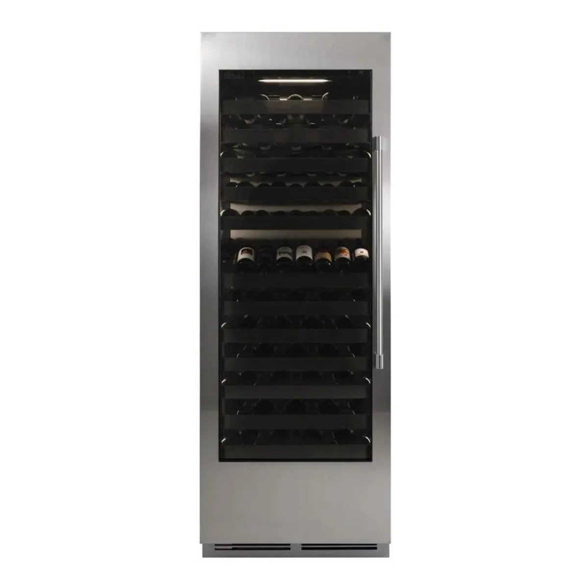 Stainless steel single-zone wine cooler with glass door and bottle racks, 30-inch.